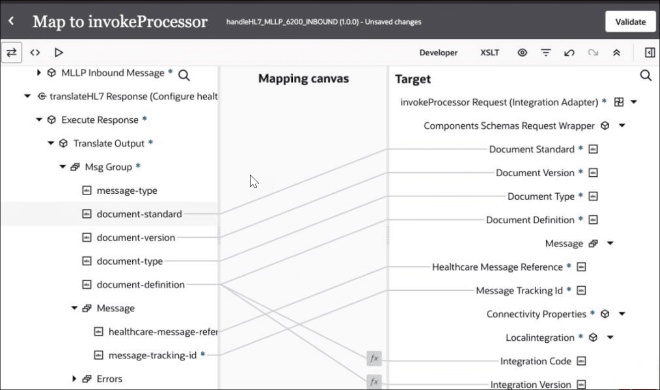 The source MLLP inbound message is mapped to the target local invoke. The source Msg Group elements are mapped to the target Component Schema Request Wrapper.