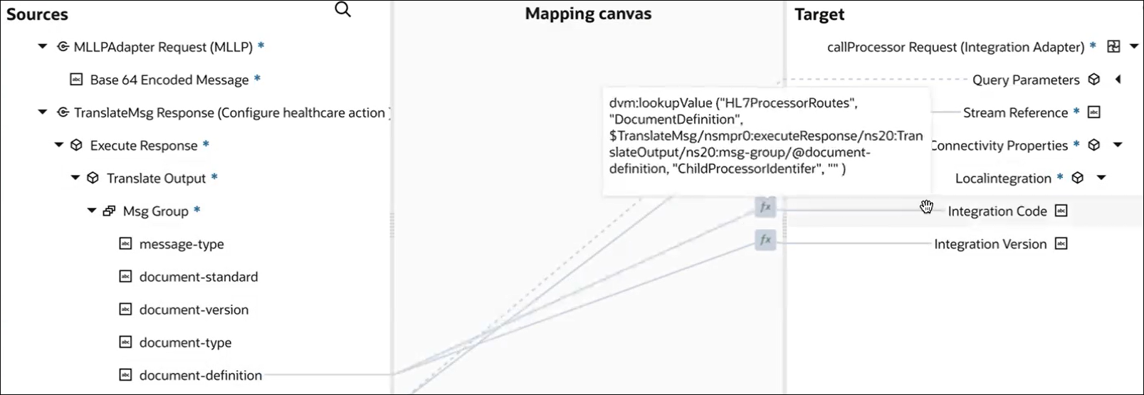 The Sources, Mapping canvas, and Target sections of the mapper are shown. The target Integration Code is selected to show the lookup value function code that is being called.