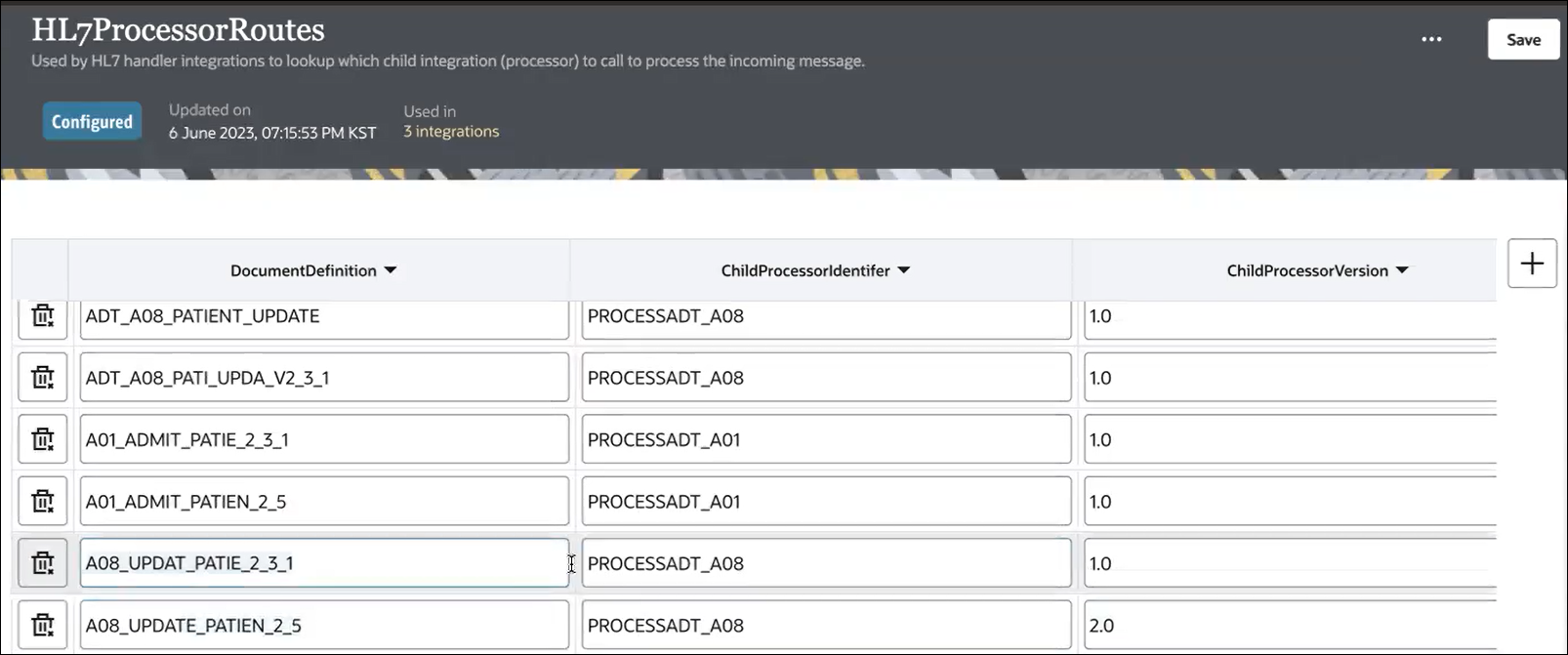 The Lookup table shows columns for deleting the lookup, the DocumentDefinition, the ChildProcessorIdentifier, and the ChildProcessorVersion. The Save button appears in the upper right corner. A plus sign appears at the far right of the table.