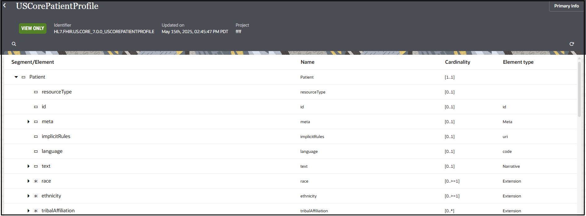 The US Core Patient contents are shown. A View Only label is displayed. Values for the Identifier label and Updated on label are shown. Below this is a table with columns for Segment/Element, Name, Cardinality, and Element type is shown. A Primary info button appears in the upper right of the page.