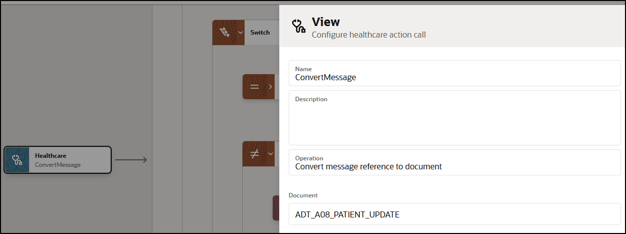 The healthcare action is shown. To the right is the View - Configure healthcare action call page. The Name, Description, Operation, and Document fields are shown.