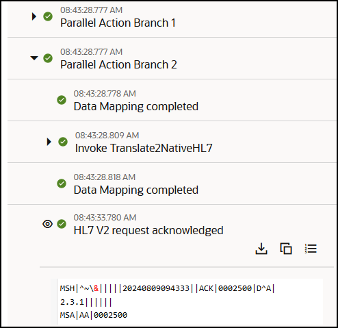 The activity stream shows the HL7 V2 request acknowledged milestone expanded. The message is shown.