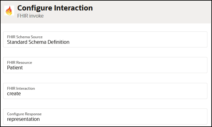 The Configure Interaction page for the FHIR invoke shows the FHIR Schema Source, FHIR Resource (value of Patient), FHIR Interaction (value of create), and Configure Resource fields.