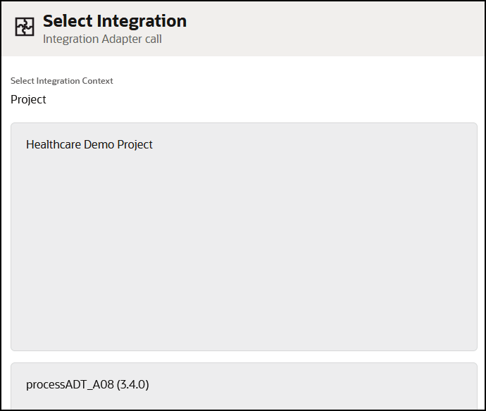 The Select Integration - Integration Adapter call page is shown. Below the selected integration is the Identifier field.