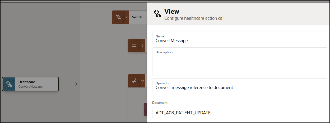 The healthcare action is shown. To the right is the View - Configure healthcare action call page. The Name, Description, Operation, and Document fields are shown.