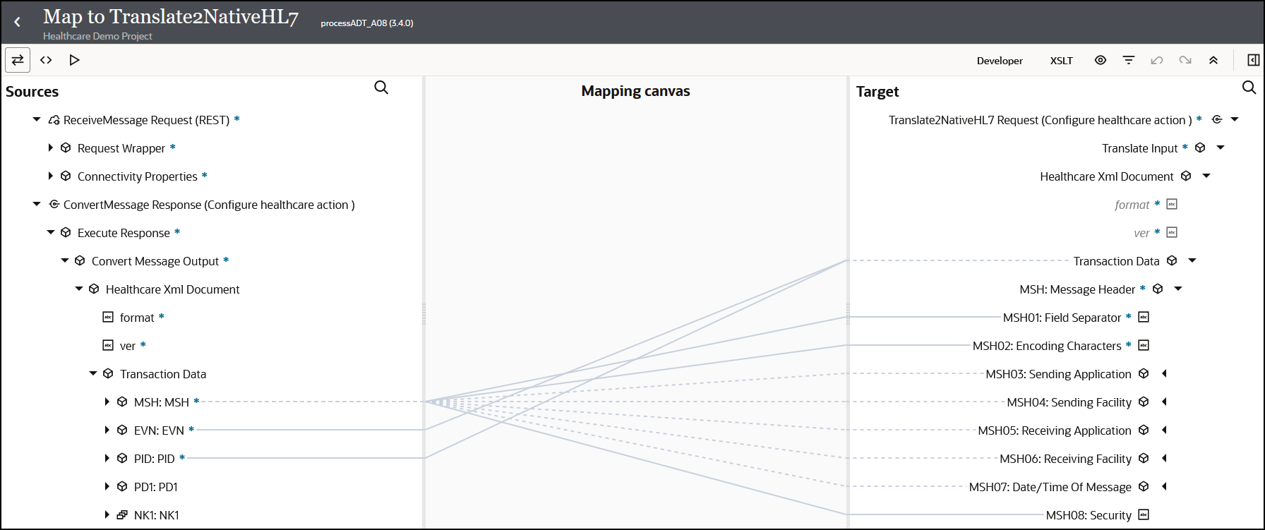 The mapper shows three icons in the upper left. In the upper right are a Developer icon, XSLT icon, and six icons. Below this are the Sources section, Mapping canvas section, and Target section. The Sources and Target sections both include a Search icon. Source Transaction Data elements are mapped to target Transaction Data elements.