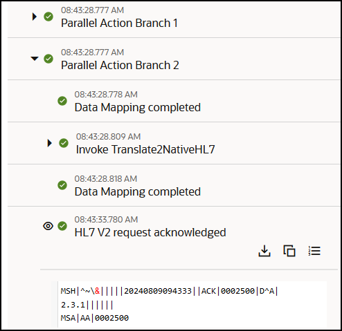 The activity stream shows the HL7 V2 request acknowledged milestone expanded. The message is shown.