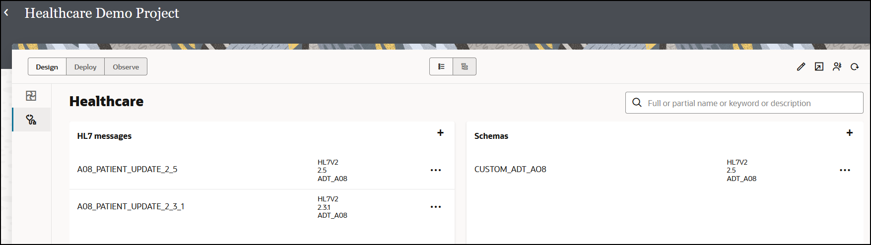 The Healthcare is selected. HL7 messages and Schemas are shown in separate sections. Both sections include the name, identifier, and Actions menu. A plus (+) sign appears in each section for adding new messages and schemas.