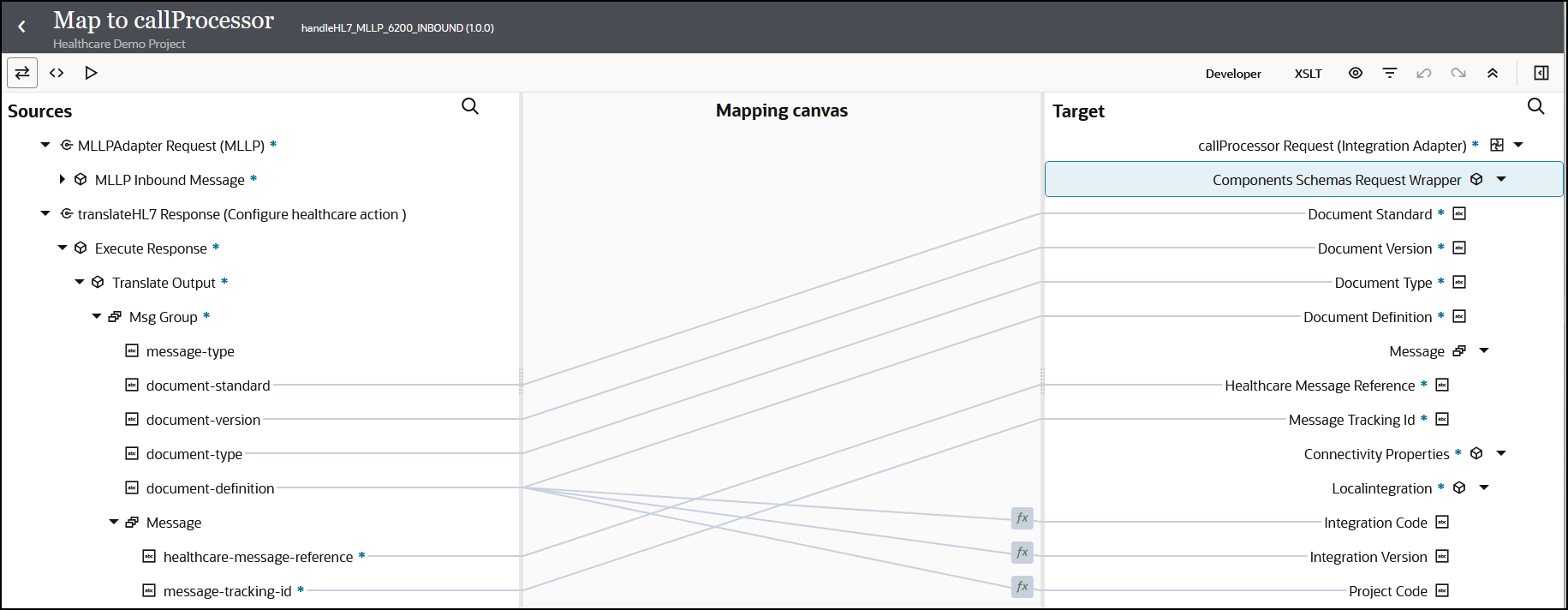 The mapper shows three icons in the upper left. In the upper right are a Developer icon, XSLT icon, and six icons. Below this are the Sources section, Mapping canvas section, and Target section. The Sources and Target sections both include a Search icon. Sources elements are mapped to Target elements.