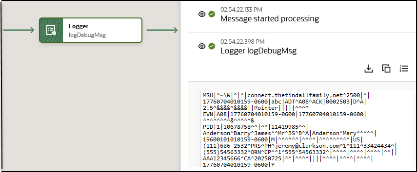 The logger action and map action are shown. To the right is the activity stream, which shows the raw HL7 message.