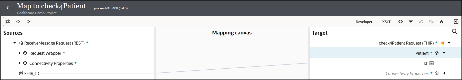 The mapper shows three icons in the upper left. In the upper right are a Developer icon, XSLT icon, and six icons. Below this are the Sources section, Mapping canvas section, and Target section. The Target section both include a Search icon. A source FHIR ID element is mapped to a target ID element.