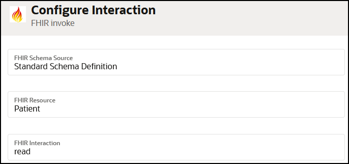 The Configure Interaction page for the FHIR invoke shows the FHIR Schema Source, FHIR Resource (value of Patient), and FHIR Interaction (value of read) fields.