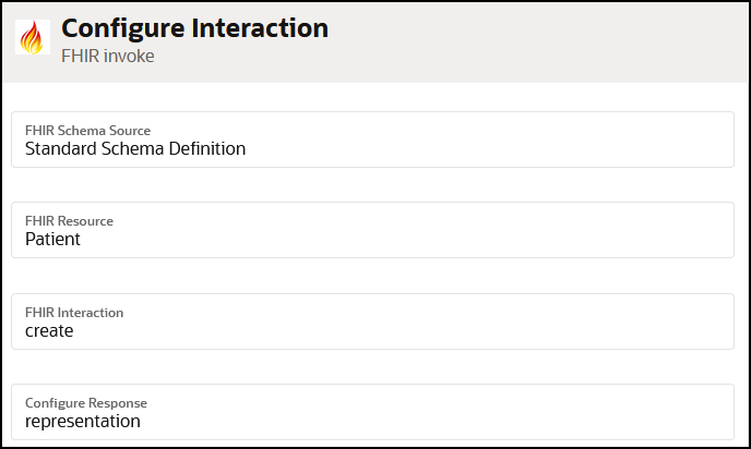 The Configure Interaction page for the FHIR invoke shows the FHIR Schema Source, FHIR Resource (value of Patient), FHIR Interaction (value of create), and Configure Resource fields.