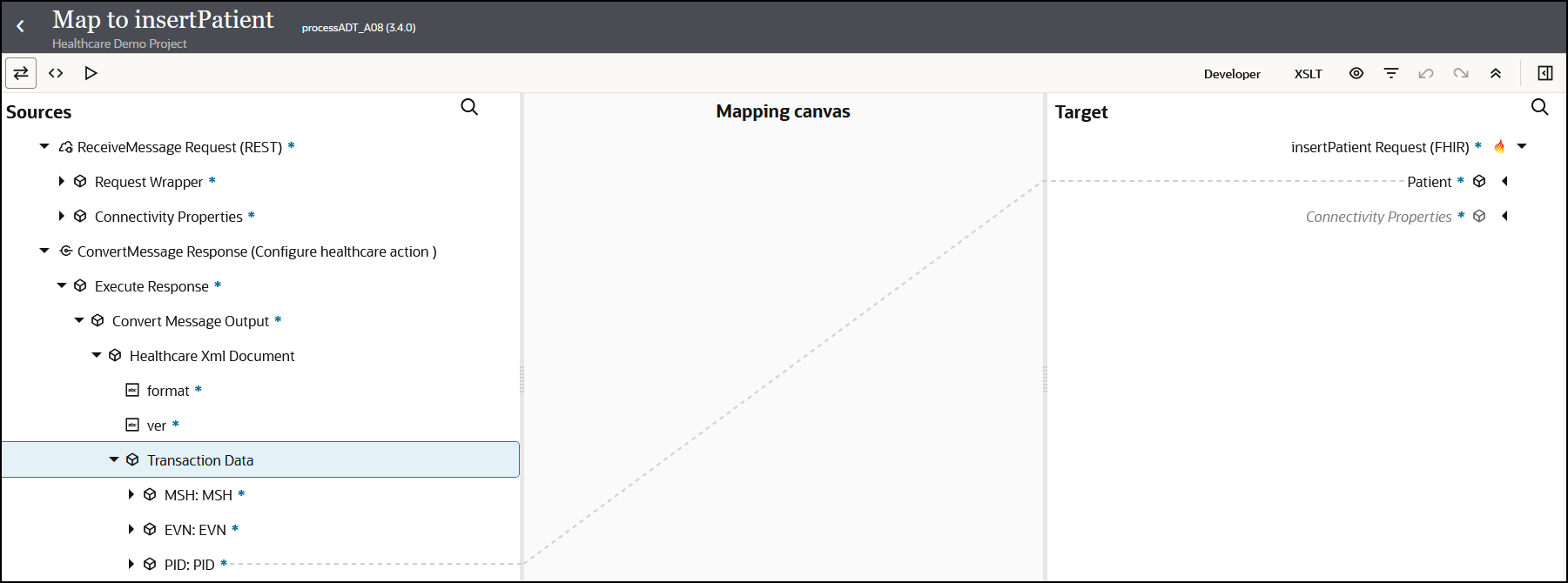 The mapper shows three icons in the upper left. In the upper right are a Developer icon, XSLT icon, and six icons. Below this are the Sources section, Mapping canvas section, and Target section. The Sources and Target sections both include a Search icon. A source PID:PID element is mapped to a target Patient element.