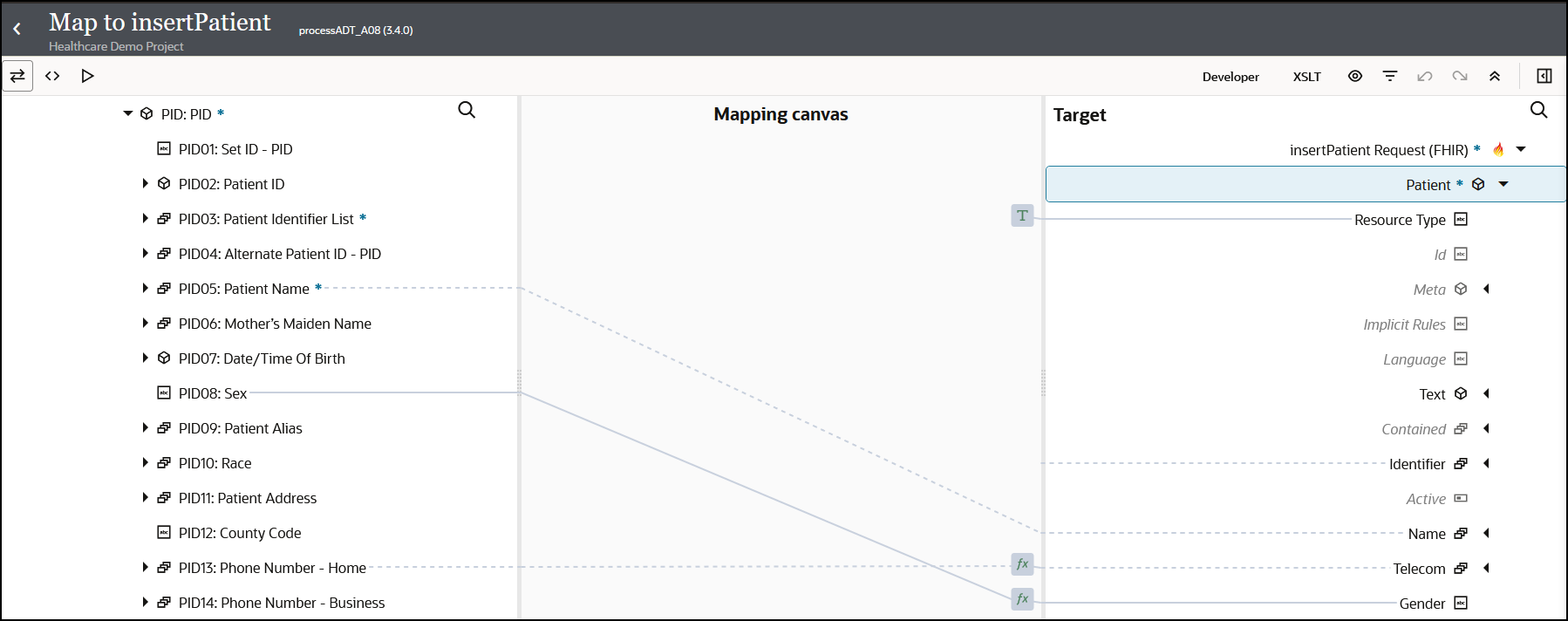 The target PID:PID element is expanded to show the mapped target elements Patient Name, Mother's Maiden Name, Sex, and Phone Number - Home.