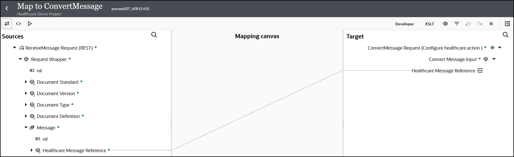 The mapper shows three icons in the upper left. In the upper right are a Developer icon, XSLT icon, and six icons. Below this are the Sources section, Mapping canvas section, and Target section. The Sources and Target sections both include a Search icon. A source Healthcare Message Reference element is mapped to a target Healthcare Message Reference element.
