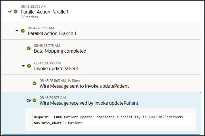 Parallel Action Branch 1 is expanded. The milestone named Wire Message received by Invoke updatePatient is expanded to show a message indicating that the patient update was successful.