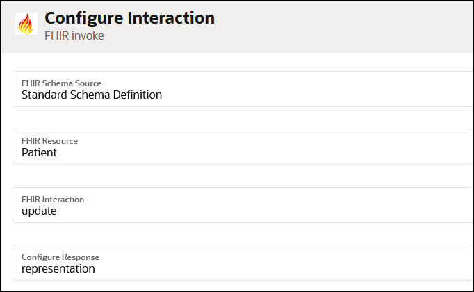 The Configure Interaction page for the FHIR invoke shows the FHIR Schema Source, FHIR Resource (value of Patient), FHIR Interaction (value of update), and Configure Resource fields.