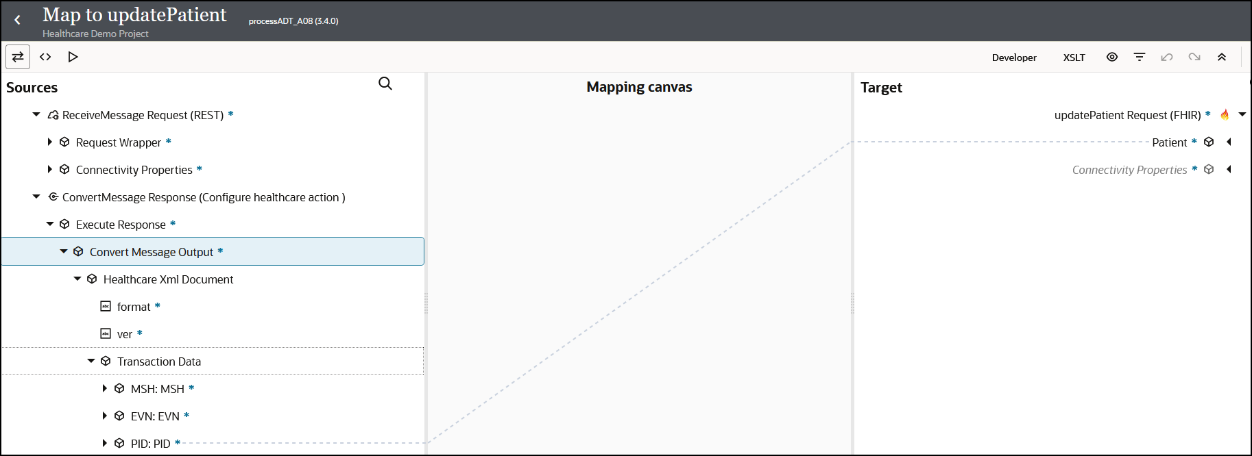 The mapper shows three icons in the upper left. In the upper right are a Developer icon, XSLT icon, and six icons. Below this are the Sources section, Mapping canvas section, and Target section. The Sources and Target sections both include a Search icon. A source PID:PID element is mapped to a target Patient element.