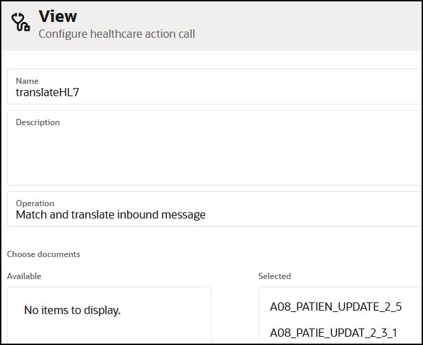 The Configure healthcare action call page is shown. The Name, Description, and Operation fields are shown. The Choose documents section shows two fields: Available and Selected.