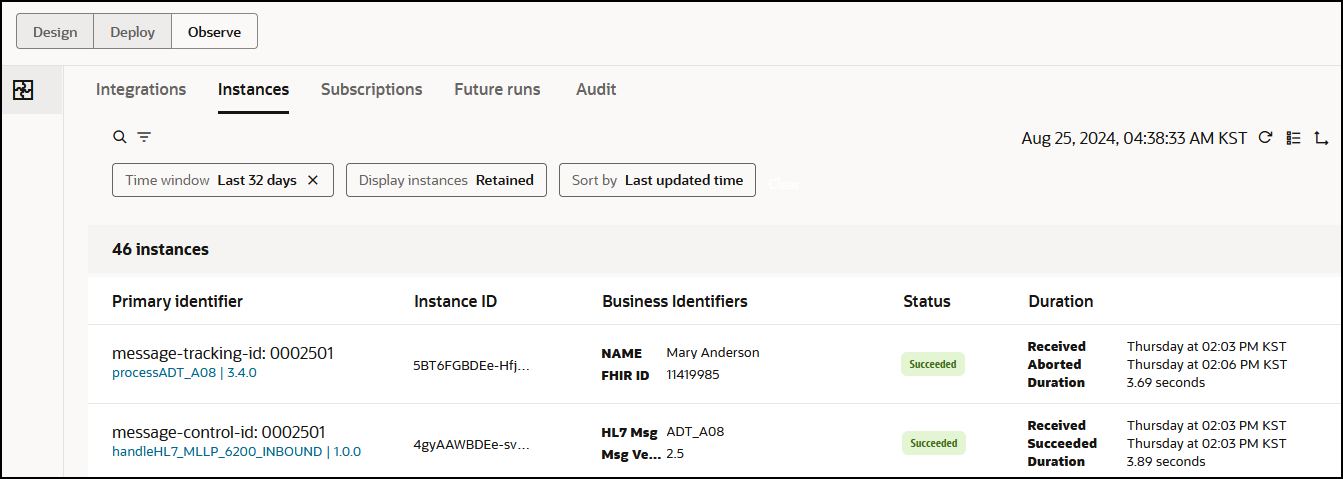 The Design, Deploy, and Observe tabs appear at the top. Below this are the Integrations, Instances (selected), Subscriptions, Future runs, and Audit tabs. The Instances tab shows a search icon, filter icon, and time stamp at the top. Below this are the selected filter fields. Below this is a table with columns for Primary identifier, Instance ID, Business identifiers, Status, and Duration.