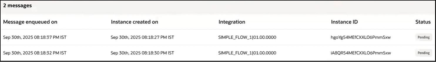 A table with columns for Messages enqueued on, Instance created on, Integration, Instance ID, and Status appears. A table with columns for Messages enqueued on, Instance created on, Integration, Instance ID, and Status appears.