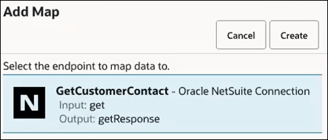 The Add Map dialog shows Cancel and Create buttons. Below is a list of the endpoints that you can select to map data to.