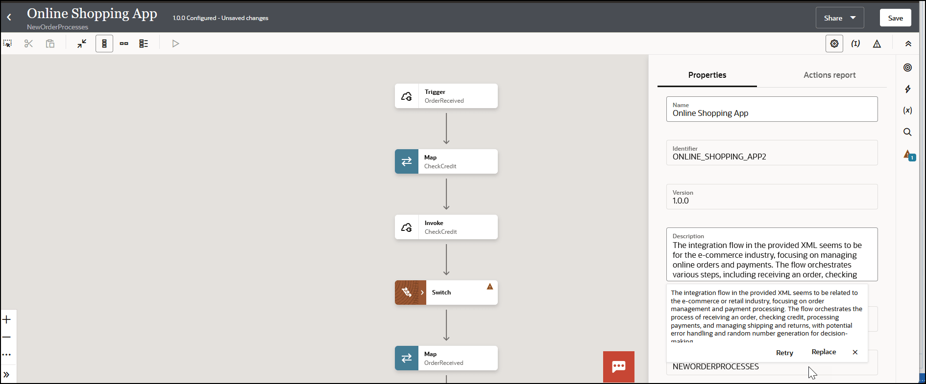 An integration is displayed in the canvas. Eight icons appear in the upper left corner below the integration name. To the right of the canvas, the Properties tab and Activity report tab are shown. A View list and Save button appear in the upper right corner. Below this, four icons appear horizontally and five icons appear vertically. The Properties tab is selected to show the Name field, Identifier field, Version field, and Description field. A popup shows the latest generated description, with Retry and Replace buttons appearing at the bottom.