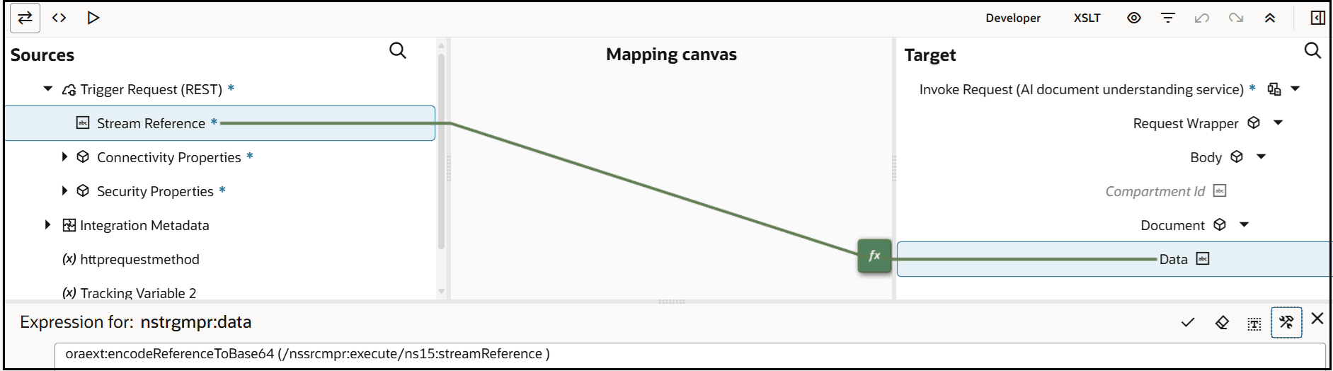 The Sources, Mapping canvas, and Target sections are shown. The target Stream Reference element is mapped to the sources Data element.