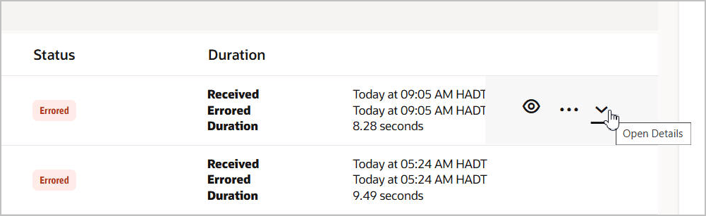 The table has Status and Duration columns with two rows. An expand menu is selected.