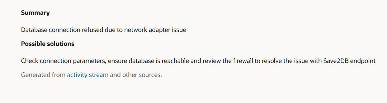 AI-generated summary of solution with error Database connection refused due to network adapter issue and possible solutions to check connection parameters, ensure database is reachable and review firewall issues.