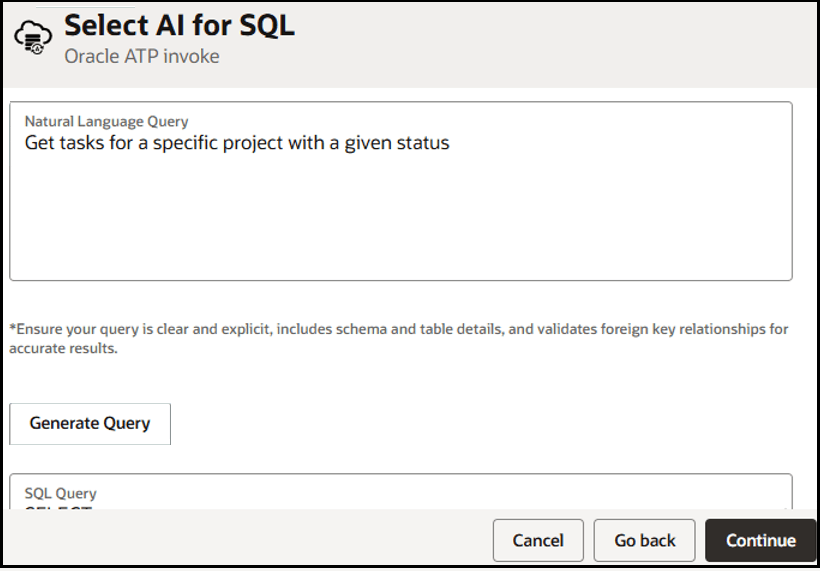 The Select AI for SQL page is shown. Text has been added to the Natural Language Query field. Below this is the button for Generate Query.