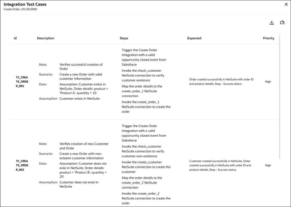 This image shows the test cases generated by AI for an integration. This image shows the test cases generated by AI for an integration.