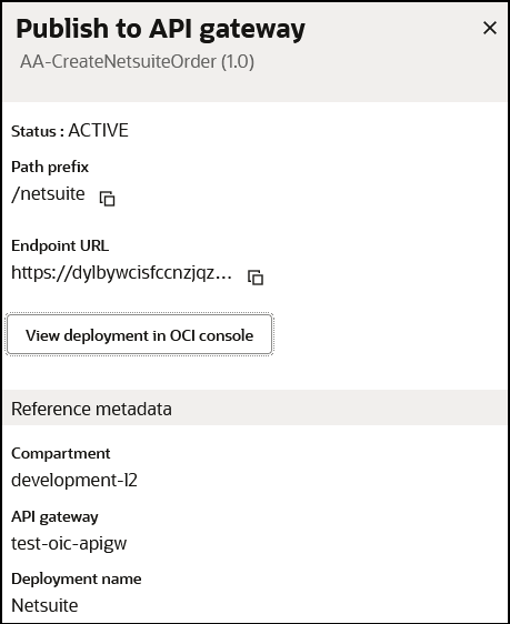 The Publish to API gateway page is shown. Fields are shown for Status, Path prefix, Endpoint URL, View deployment in OCI Console, Compartment, API gateway, and Deployment name.