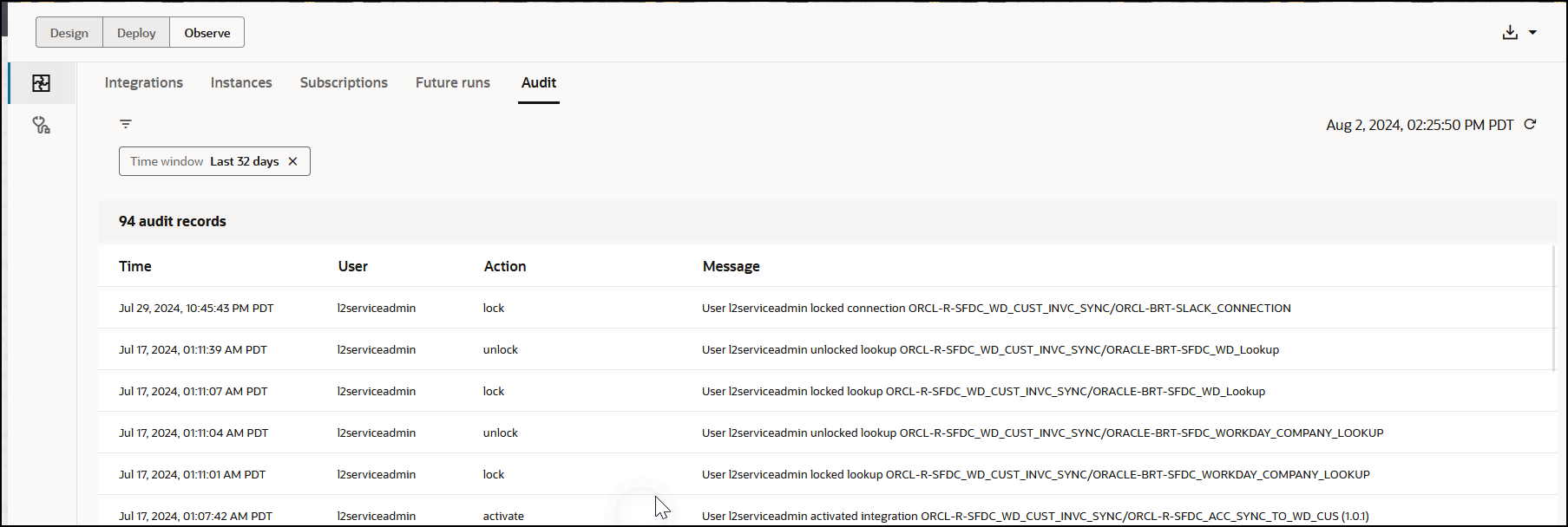 The Design, Deploy, and Observe (which is selected) tabs appear at the top. The Download link appears to the right. At the far left are the Instances, Subscriptions, Future runs, and Audit (which is selected) tabs. Below those tabs is the search filter and label. Below is the number of audit records. Below this is a table with columns for Time, User, Action, and Message.