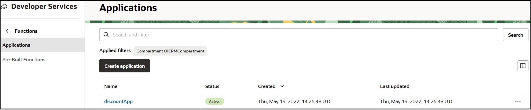 The Applications tab is selected in the left navigation pane. At the top is the label Applications. The compartment name appears below. Below is a table with columns for Name, Status, Created, and Last updated.