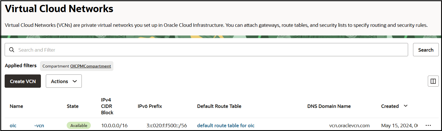 The Virtual Cloud Networks page is shown. At the top is the compartment name. Below are the Create VCN and Actions buttons. Below is a table with columns for Name, Status, IPv4 CIDR Block, IPv6 Prefix, Default Route Table, DNS Domain Name, and Created.