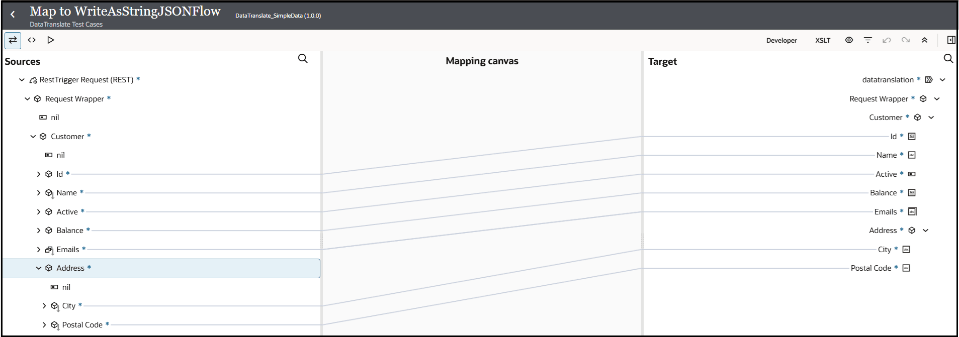 The mapper shows the Sources, Mapping canvas, and Target sections. Source elements are mapped to the target elements. The elements being mapped match the content of the native JSON payload uploaded in a previous step. The mapper shows the Sources, Mapping canvas, and Target sections. Source elements are mapped to the target elements. The elements being mapped match the content of the native JSON payload uploaded in a previous step.