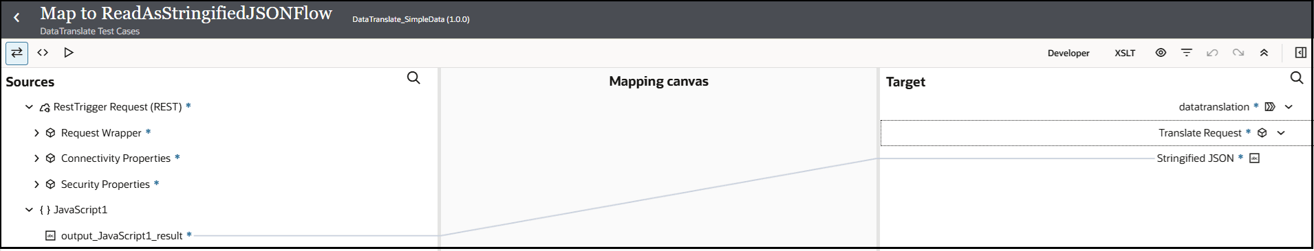 The mapper shows the Sources, Mapping canvas, and Target sections. Source elements are mapped to the target elements. The mapper shows the Sources, Mapping canvas, and Target sections. Source elements are mapped to the target elements.
