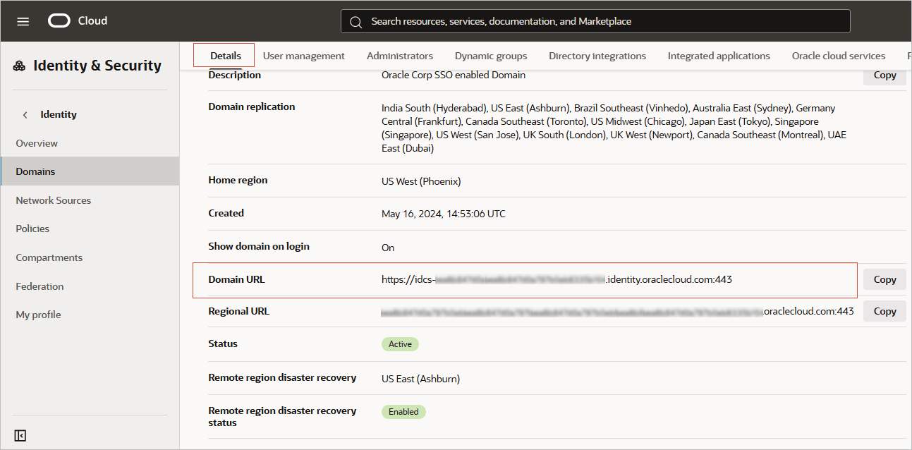 Domain Details page, accessed by selecting Identity, Domains, with the Domain URL field highlighted