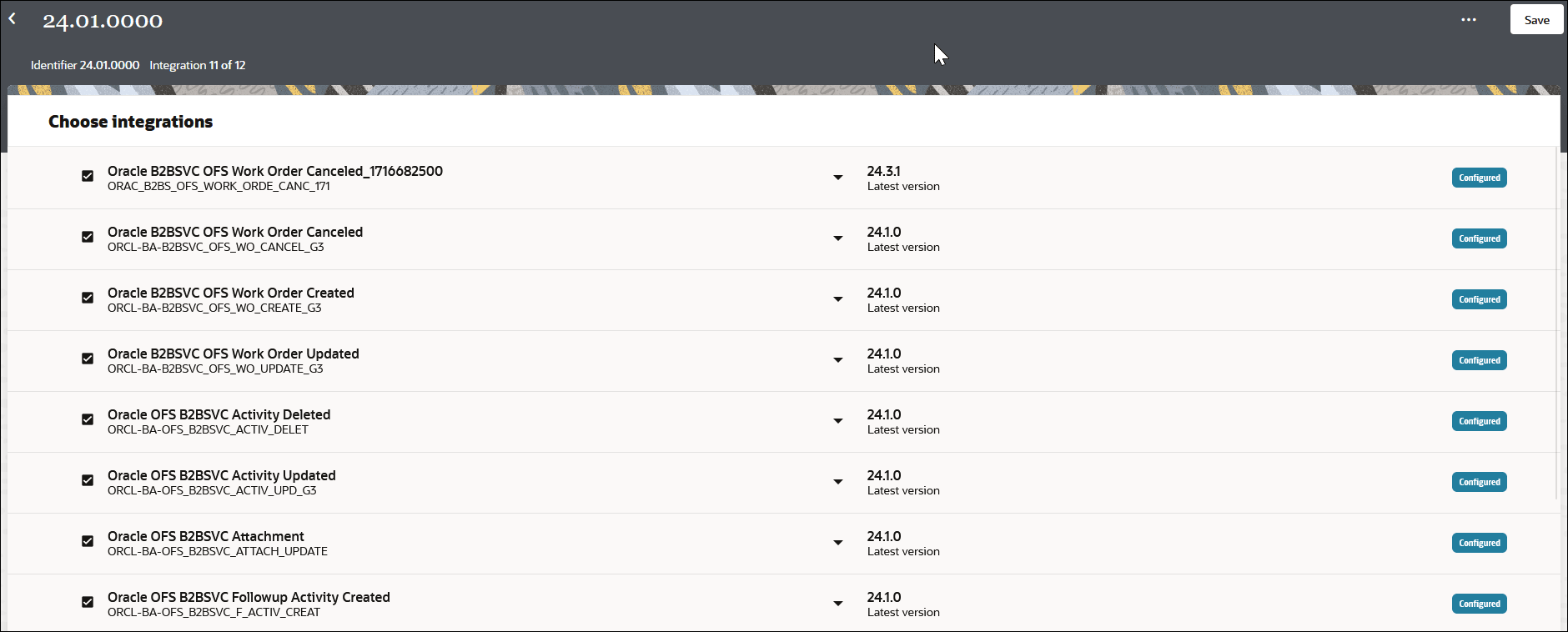 The Choose integrations page shows the available integrations, a drop-down list of available integration versions, and an integration status column. A Save button appears in the upper right corner.