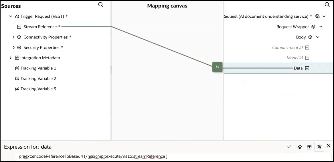The mapper shows the Sources, Mapping canvas, and Targets section. The target Functions list is shown. The encodeReferenceToBase64 function is selected. The encodeReferenceToBase64 function is shown in the Expression Builder at the bottom. The source Stream Reference has been dragged into the function.
