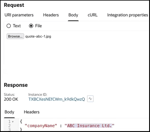 The Request section shows the URI parameters, Headers, Body (which is selected), cURL, and Integration properties tabs. The File radio button is selected. Next to the Browse button is the JPG file that was uploaded. At the bottom is the Response section, the status value is displayed as 200 OK. The Instance ID is also displayed. The Body (which is selected) and Headers tabs are shown. The companyName parameter and its returned value are shown.