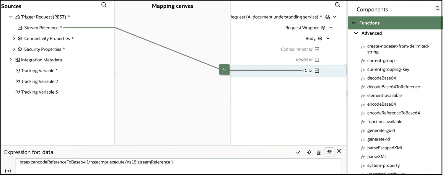 The Sources, Mapping canvas, and Target sections are shown. The target Stream Reference element is mapped to the sources Data element. The Sources, Mapping canvas, and Target sections are shown. The target Stream Reference element is mapped to the sources Data element.