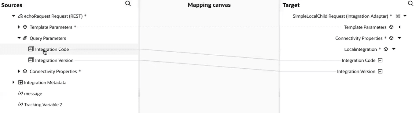 The Sources, Mapping canvas, and Target sections are shown. Integration Code and Integration Version are mapped to Integration Code and Integration Version.