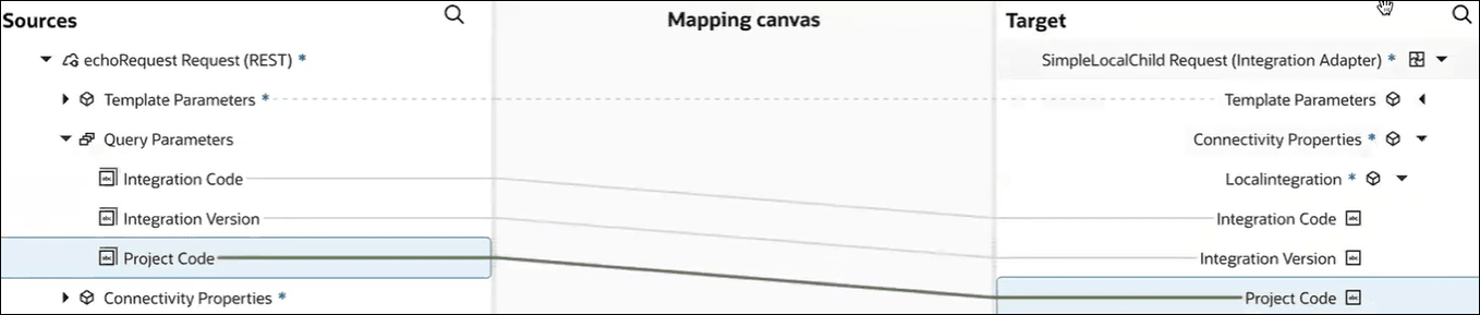 The Sources, Mapping canvas, and Target sections are shown. Integration Code and Integration Version are mapped to Integration Code and Integration Version. Project Code is mapped to Project Code.