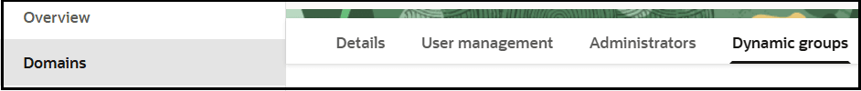 The Domains tab is selected in the left navigation pane. The menu bar shows links for Details, User management, Administrators, and Dynamic groups.