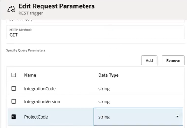 The Edit Request Parameters dialog shows GET as the HTTP method. Below this is the Specify Query Parameters section. Add and Remove buttons are shown. Below this is a table with columns for Name and Data Type. IntegrationCode, IntegrationVersion, and ProjectCode are all defined. Each is a string data type.