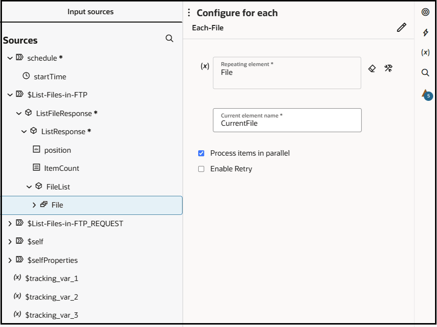 The repeatable element under Sources is dragged to the Repeating Element field. Below this the Current Element Name field shows a value of currentFile. Below this are the Process items in parallel and Enable retry check boxes.