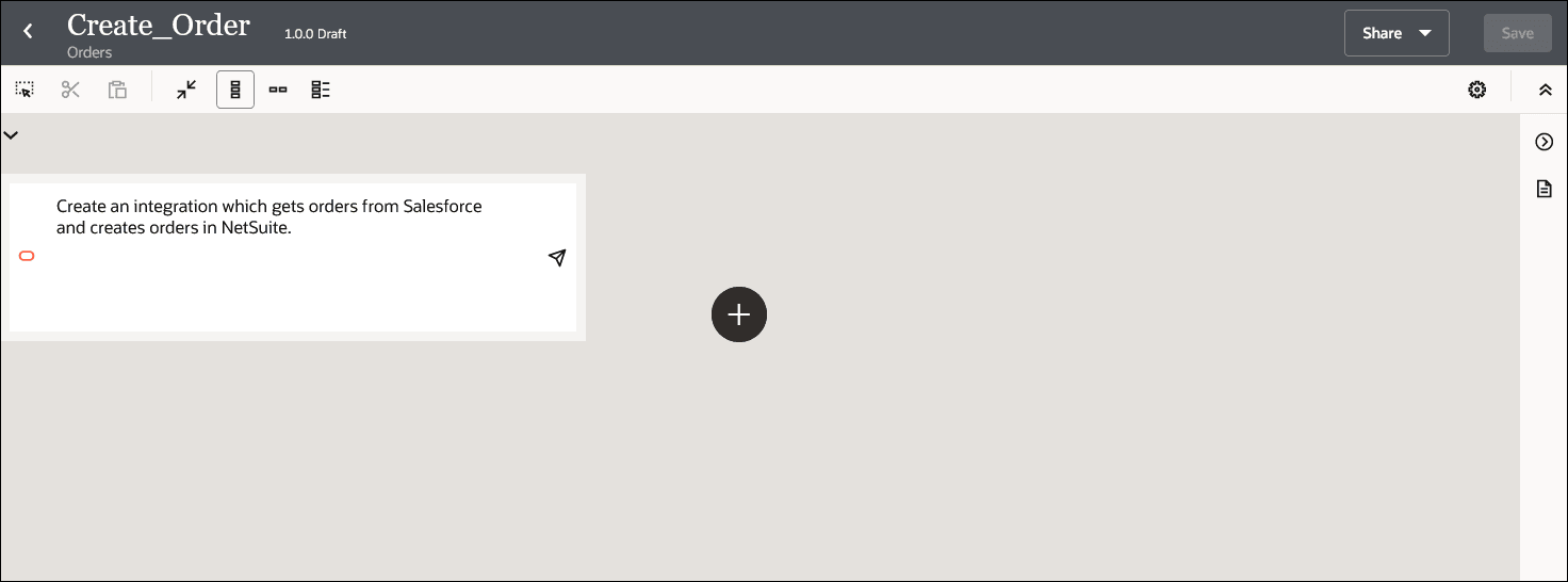 The integration canvas shows the natural language text entered by the user and the Generate the integration skeleton based on the user's goal icon.